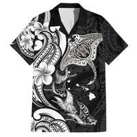 Hawaiian Manta Rays Family Matching Short Sleeve Bodycon Dress and Hawaiian Shirt Tribal Hibiscus Polynesian Tattoos Black Color - Polynesian Pride