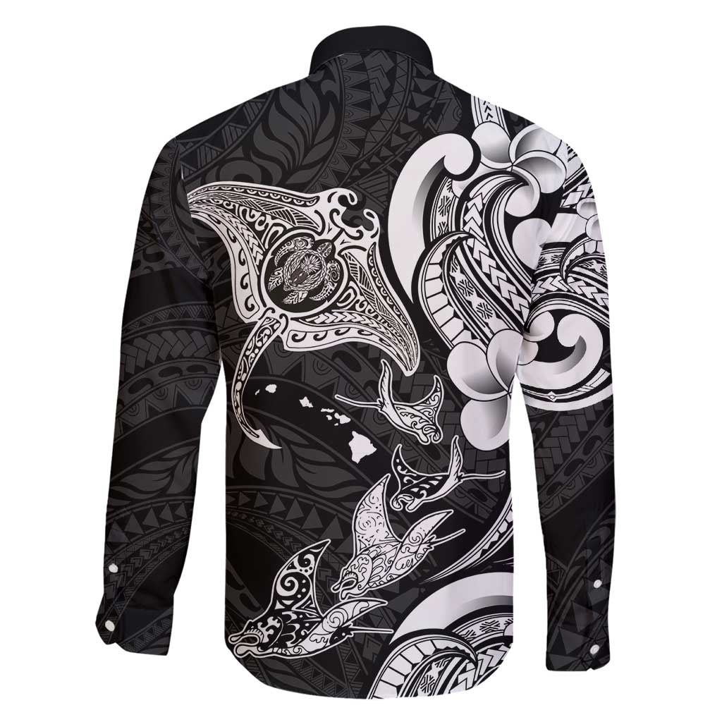 Hawaiian Manta Rays Family Matching Tank Maxi Dress and Hawaiian Shirt Tribal Hibiscus Polynesian Tattoos Black Color - Polynesian Pride