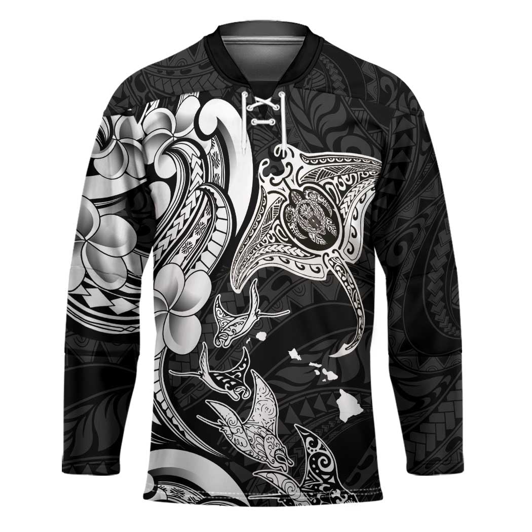 Hawaiian Manta Rays Hockey Jersey Tribal Hibiscus Polynesian Tattoos Black Color - Polynesian Pride