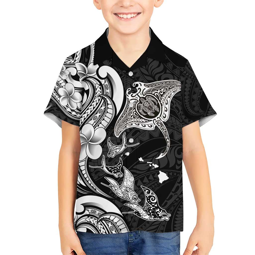 Hawaiian Manta Rays Kid Hawaiian Shirt Tribal Hibiscus Polynesian Tattoos Black Color - Polynesian Pride