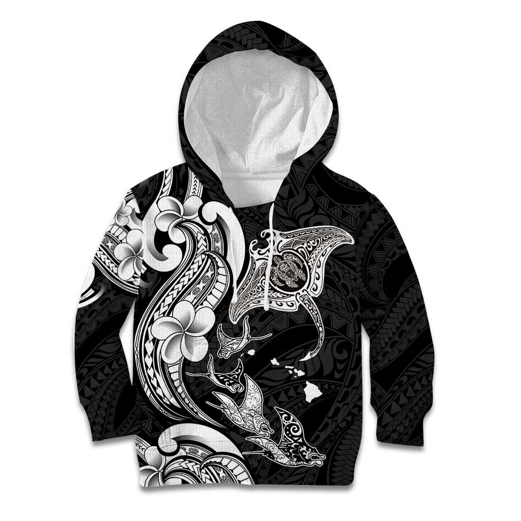 Hawaiian Manta Rays Kid Hoodie Tribal Hibiscus Polynesian Tattoos Black Color - Polynesian Pride