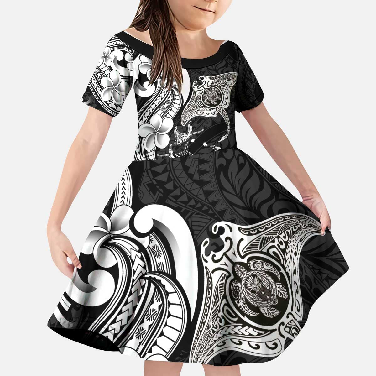 Hawaiian Manta Rays Kid Short Sleeve Dress Tribal Hibiscus Polynesian Tattoos Black Color - Polynesian Pride