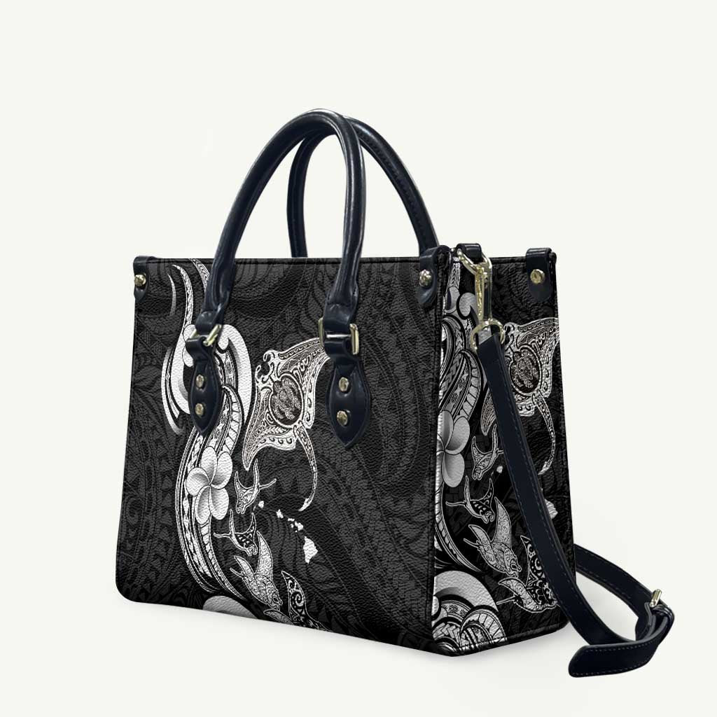 Hawaiian Manta Rays Leather Bag Tribal Hibiscus Polynesian Tattoos Black Color - Polynesian Pride