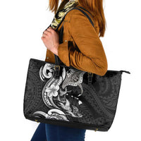 Hawaiian Manta Rays Leather Tote Bag Tribal Hibiscus Polynesian Tattoos Black Color - Polynesian Pride