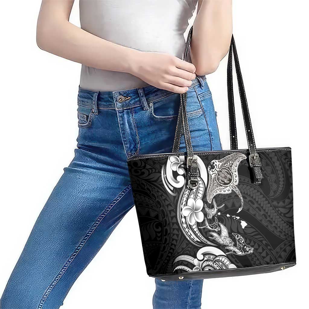 Hawaiian Manta Rays Leather Tote Bag Tribal Hibiscus Polynesian Tattoos Black Color - Polynesian Pride