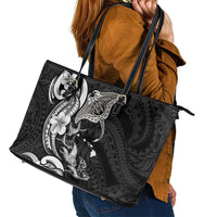 Hawaiian Manta Rays Leather Tote Bag Tribal Hibiscus Polynesian Tattoos Black Color - Polynesian Pride