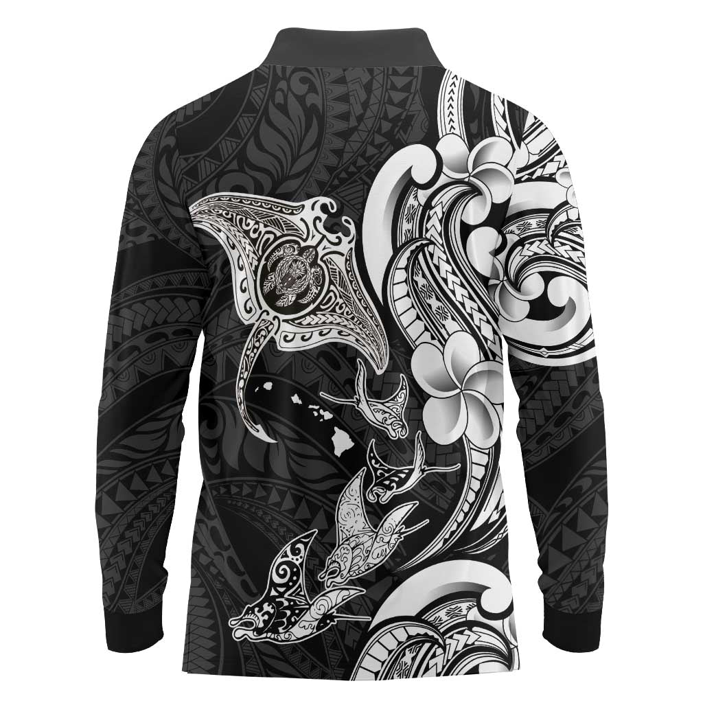Hawaiian Manta Rays Long Sleeve Polo Shirt Tribal Hibiscus Polynesian Tattoos Black Color - Polynesian Pride