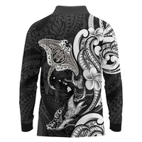 Hawaiian Manta Rays Long Sleeve Polo Shirt Tribal Hibiscus Polynesian Tattoos Black Color - Polynesian Pride