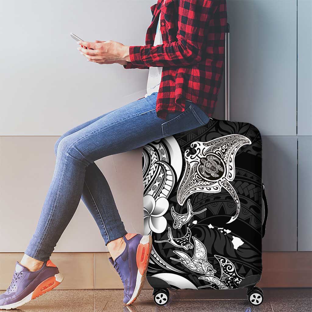 Hawaiian Manta Rays Luggage Cover Tribal Hibiscus Polynesian Tattoos Black Color - Polynesian Pride