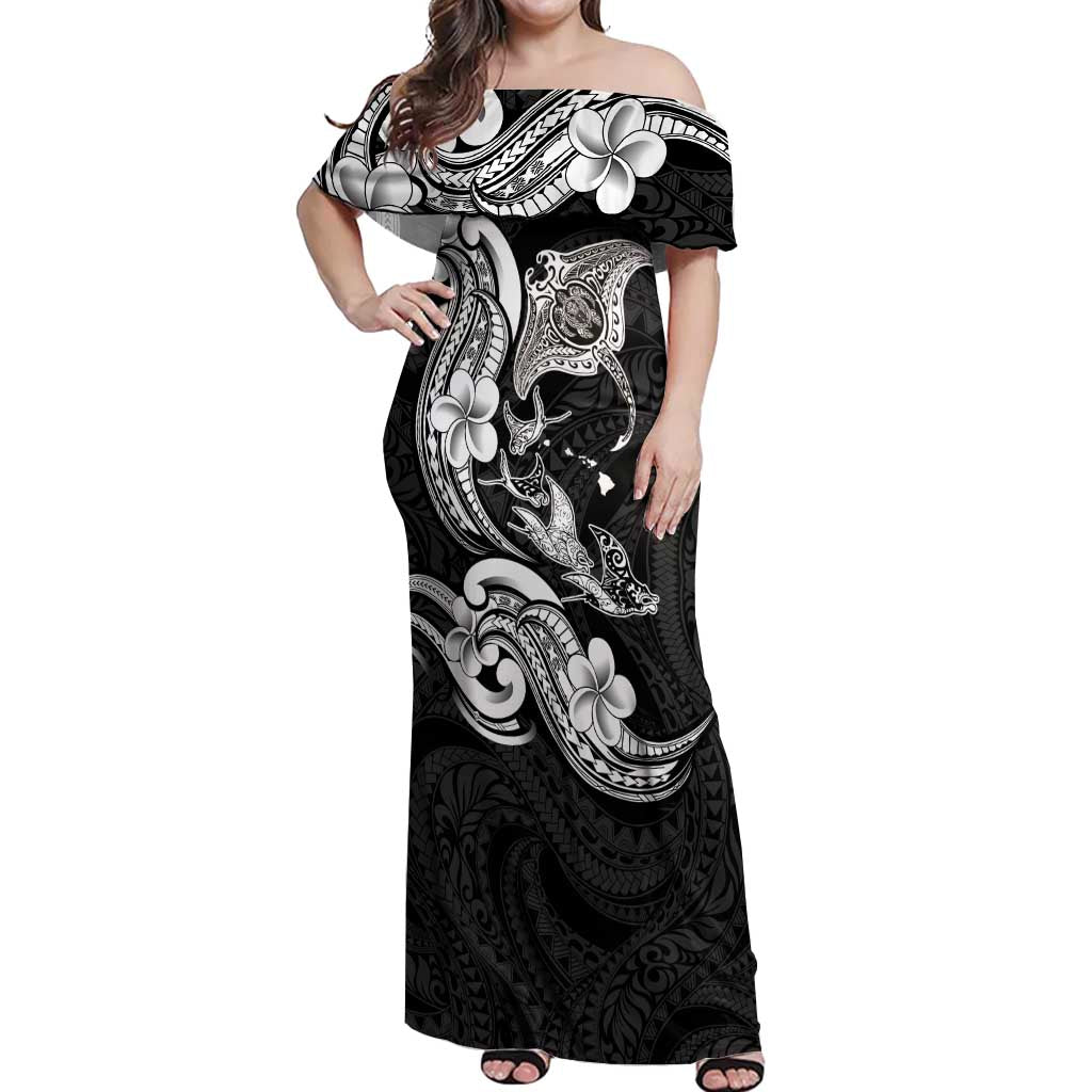 Hawaiian Manta Rays Off Shoulder Maxi Dress Tribal Hibiscus Polynesian Tattoos Black Color - Polynesian Pride