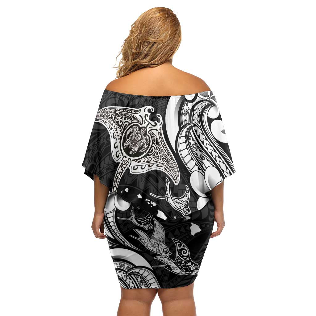 Hawaiian Manta Rays Off Shoulder Short Dress Tribal Hibiscus Polynesian Tattoos Black Color - Polynesian Pride