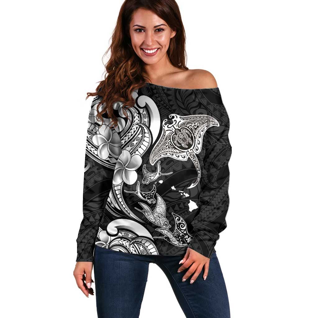 Hawaiian Manta Rays Off Shoulder Sweater Tribal Hibiscus Polynesian Tattoos Black Color - Polynesian Pride