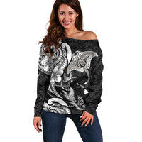 Hawaiian Manta Rays Off Shoulder Sweater Tribal Hibiscus Polynesian Tattoos Black Color - Polynesian Pride