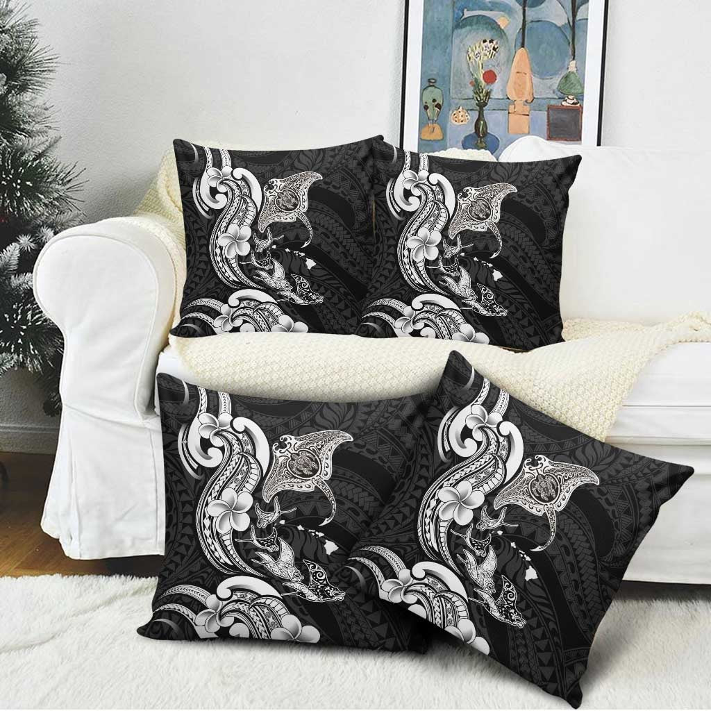 Hawaiian Manta Rays Pillow Cover Tribal Hibiscus Polynesian Tattoos Black Color - Polynesian Pride