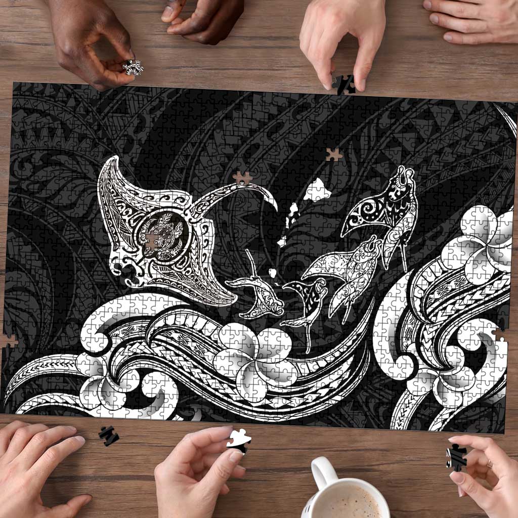 Hawaiian Manta Rays Puzzle Tribal Hibiscus Polynesian Tattoos Black Color - Polynesian Pride