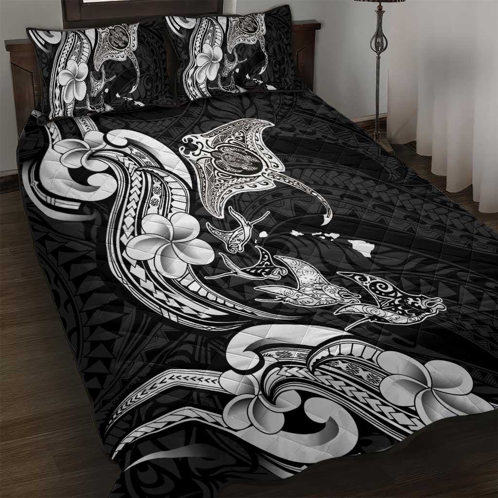 Hawaiian Manta Rays Quilt Bed Set Tribal Hibiscus Polynesian Tattoos Black Color - Polynesian Pride