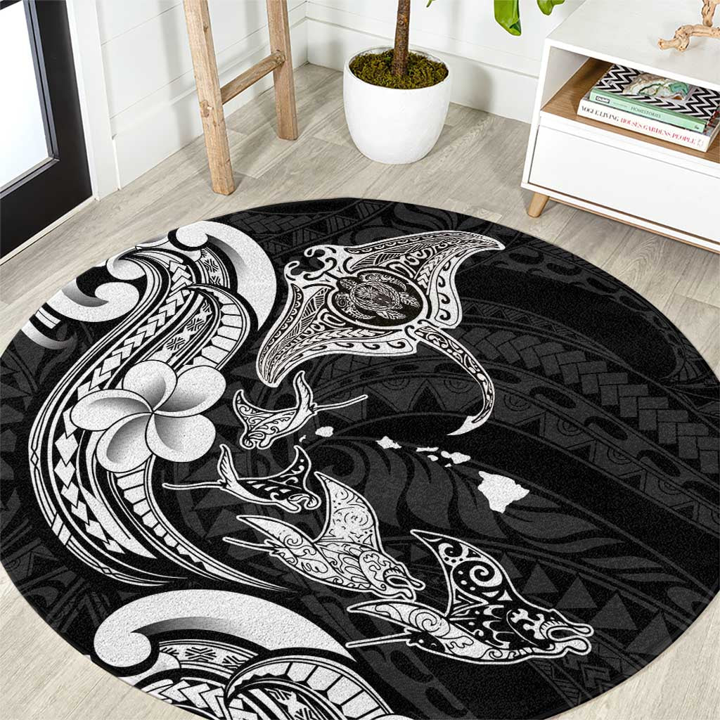 Hawaiian Manta Rays Round Carpet Tribal Hibiscus Polynesian Tattoos Black Color - Polynesian Pride