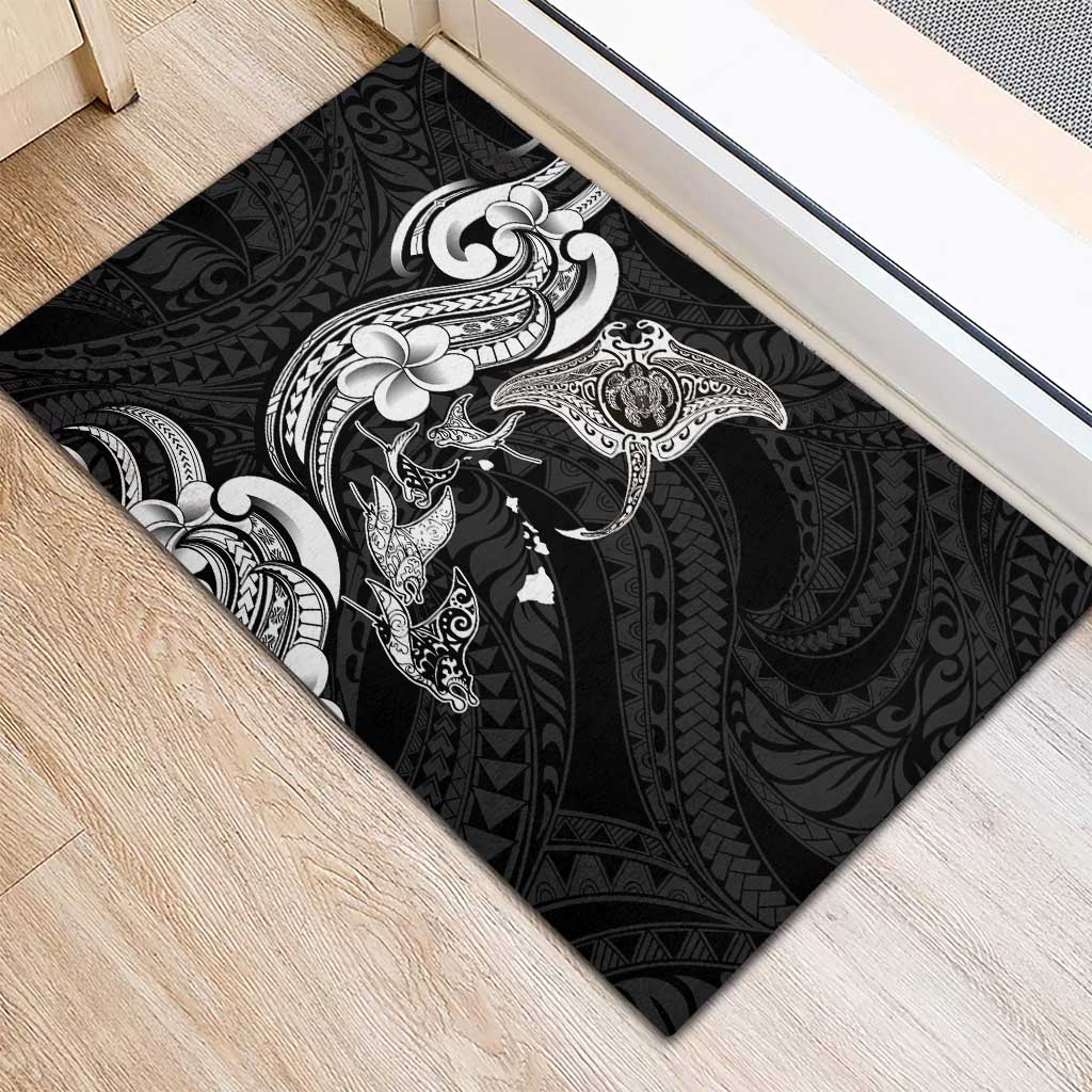 Hawaiian Manta Rays Rubber Doormat Tribal Hibiscus Polynesian Tattoos Black Color - Polynesian Pride