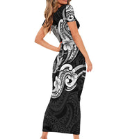 Hawaiian Manta Rays Short Sleeve Bodycon Dress Tribal Hibiscus Polynesian Tattoos Black Color - Polynesian Pride