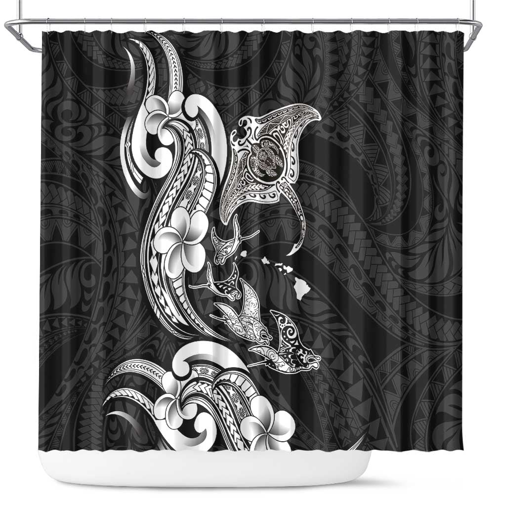 Hawaiian Manta Rays Shower Curtain Tribal Hibiscus Polynesian Tattoos Black Color - Polynesian Pride