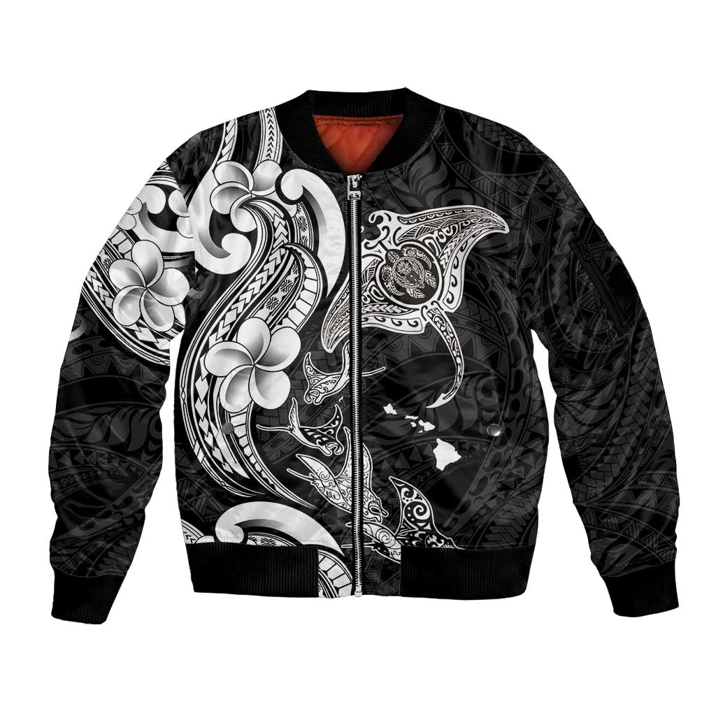 Hawaiian Manta Rays Sleeve Zip Bomber Jacket Tribal Hibiscus Polynesian Tattoos Black Color - Polynesian Pride