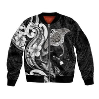 Hawaiian Manta Rays Sleeve Zip Bomber Jacket Tribal Hibiscus Polynesian Tattoos Black Color - Polynesian Pride