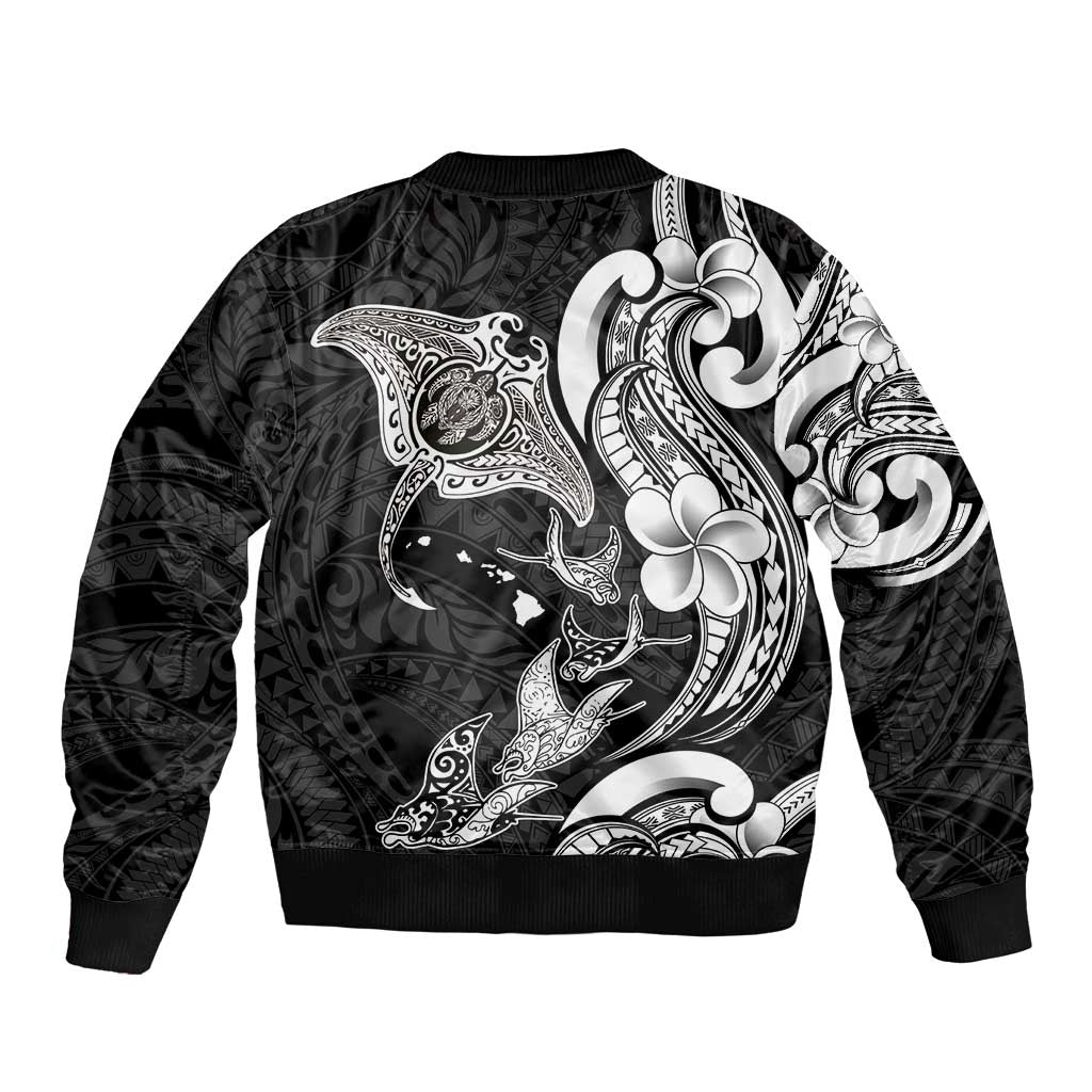 Hawaiian Manta Rays Sleeve Zip Bomber Jacket Tribal Hibiscus Polynesian Tattoos Black Color - Polynesian Pride