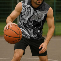 Hawaiian Manta Rays Sleeveless Hoodie Tribal Hibiscus Polynesian Tattoos Black Color - Polynesian Pride