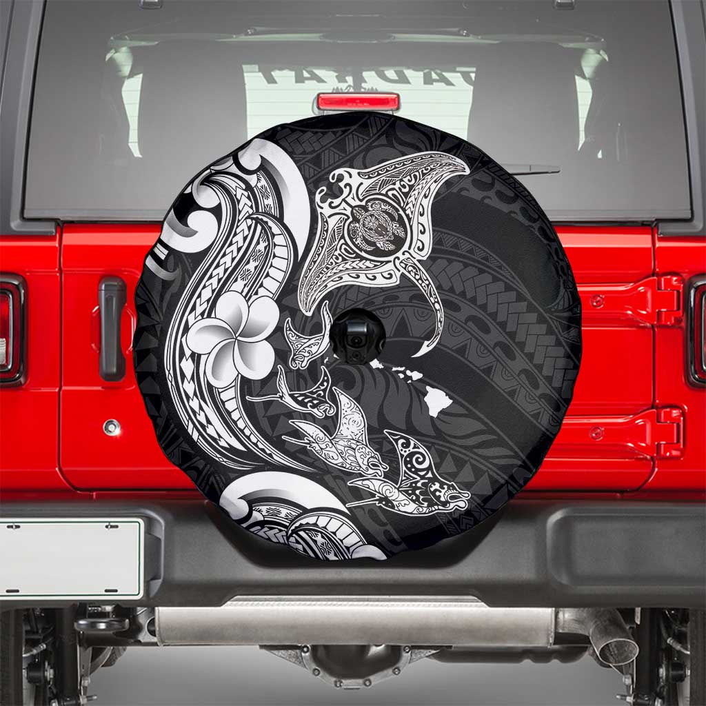 Hawaiian Manta Rays Spare Tire Cover Tribal Hibiscus Polynesian Tattoos Black Color - Polynesian Pride