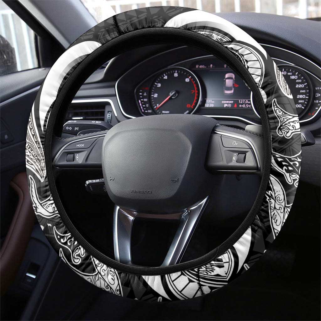 Hawaiian Manta Rays Steering Wheel Cover Tribal Hibiscus Polynesian Tattoos Black Color - Polynesian Pride