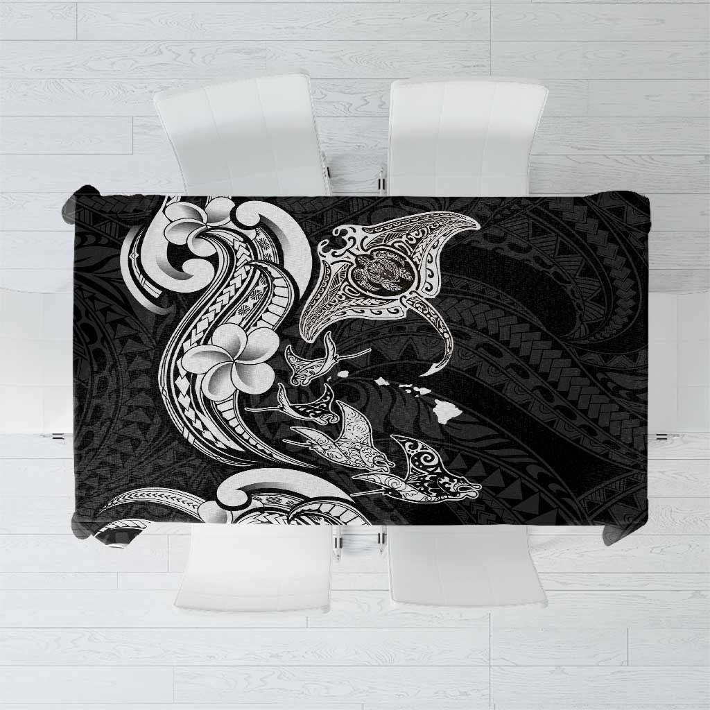 Hawaiian Manta Rays Tablecloth Tribal Hibiscus Polynesian Tattoos Black Color - Polynesian Pride