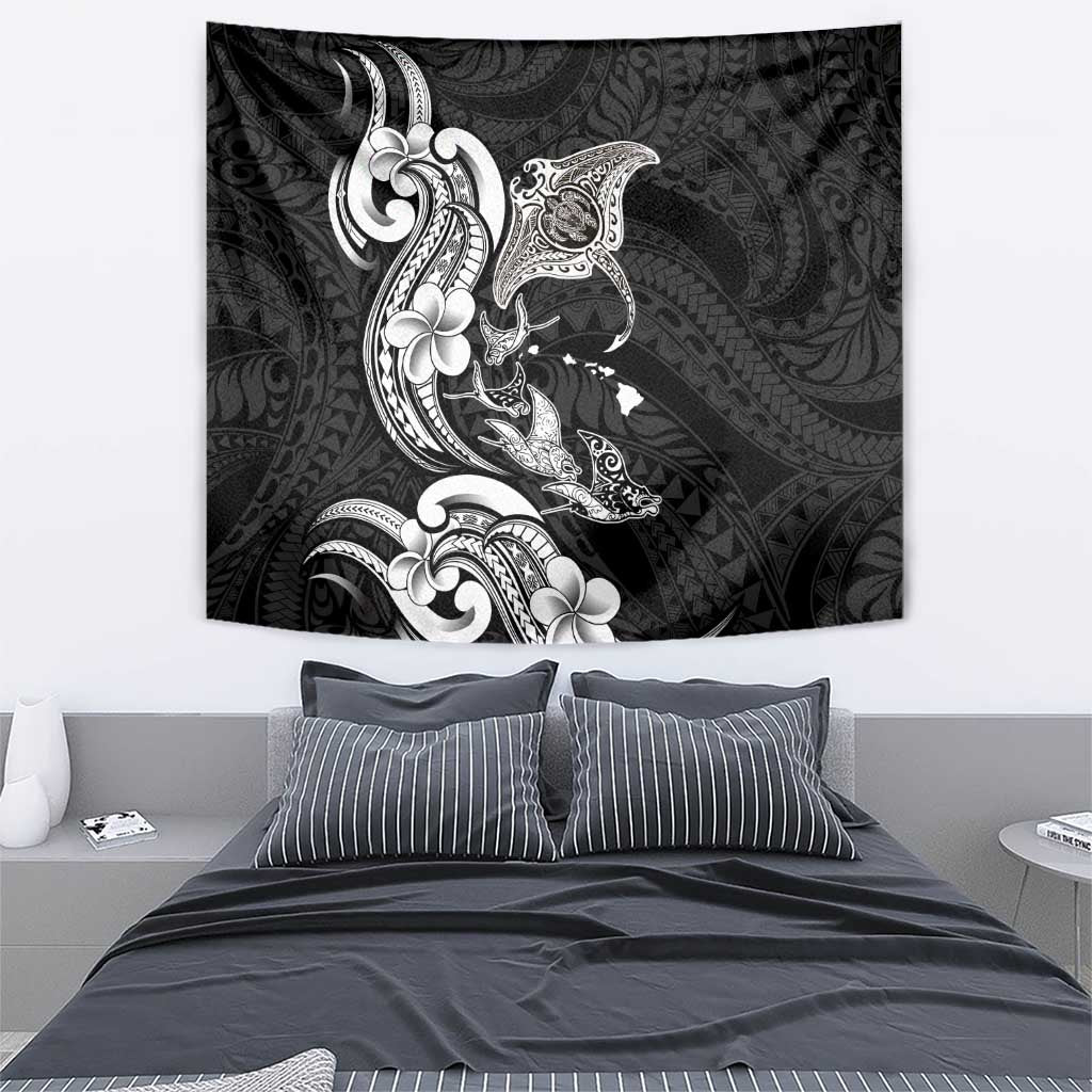 Hawaiian Manta Rays Tapestry Tribal Hibiscus Polynesian Tattoos Black Color - Polynesian Pride