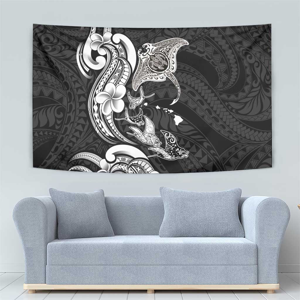 Hawaiian Manta Rays Tapestry Tribal Hibiscus Polynesian Tattoos Black Color - Polynesian Pride