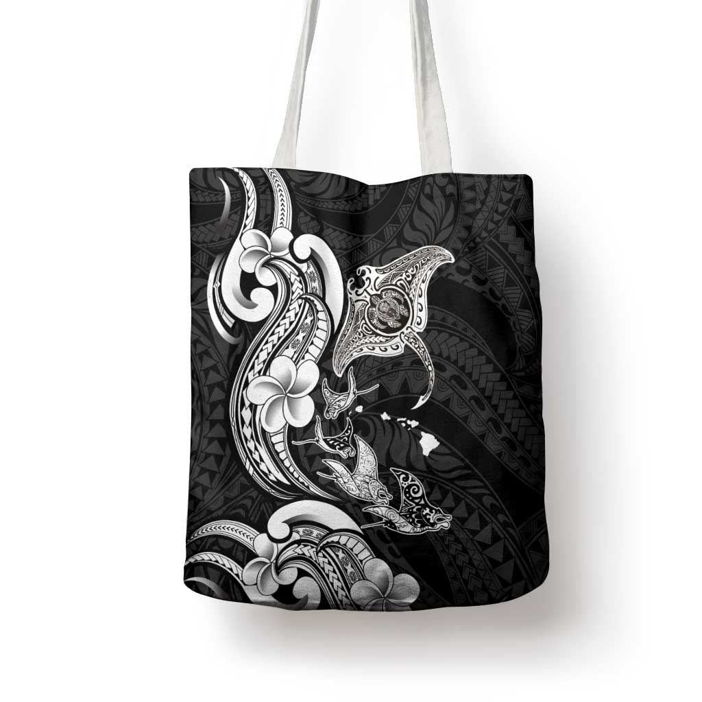 Hawaiian Manta Rays Tote Bag Tribal Hibiscus Polynesian Tattoos Black Color - Polynesian Pride