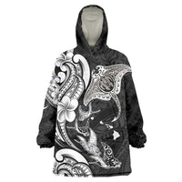 Hawaiian Manta Rays Wearable Blanket Hoodie Tribal Hibiscus Polynesian Tattoos Black Color - Polynesian Pride