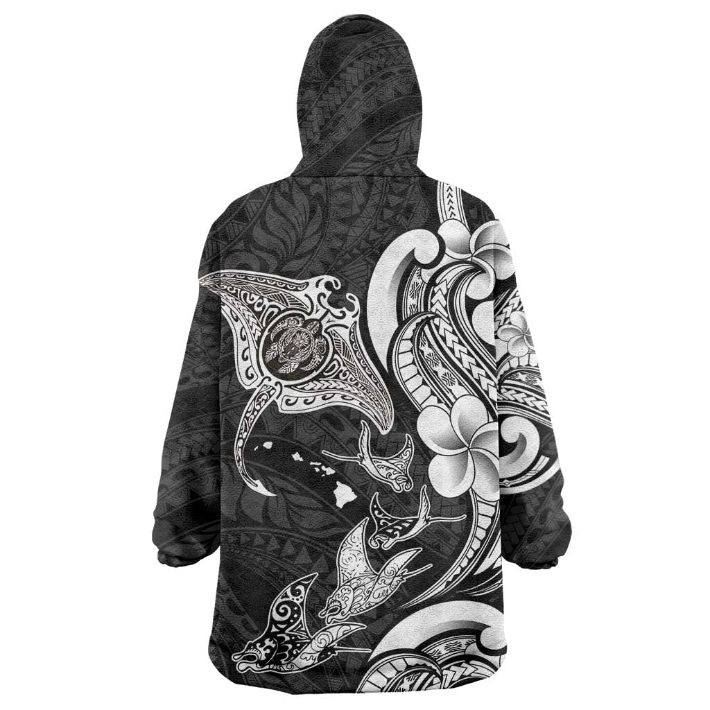 Hawaiian Manta Rays Wearable Blanket Hoodie Tribal Hibiscus Polynesian Tattoos Black Color - Polynesian Pride