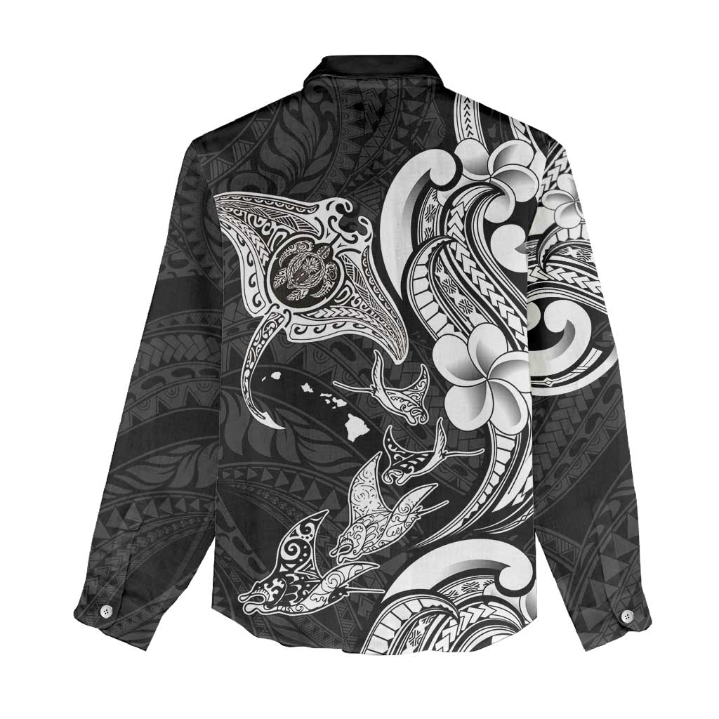 Hawaiian Manta Rays Women Casual Shirt Tribal Hibiscus Polynesian Tattoos Black Color - Polynesian Pride