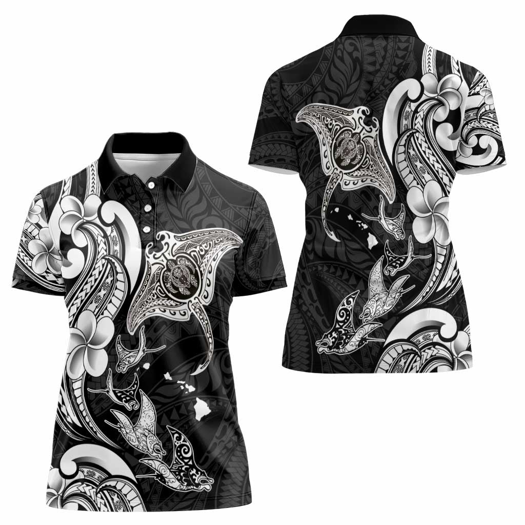 Hawaiian Manta Rays Women Polo Shirt Tribal Hibiscus Polynesian Tattoos Black Color - Polynesian Pride