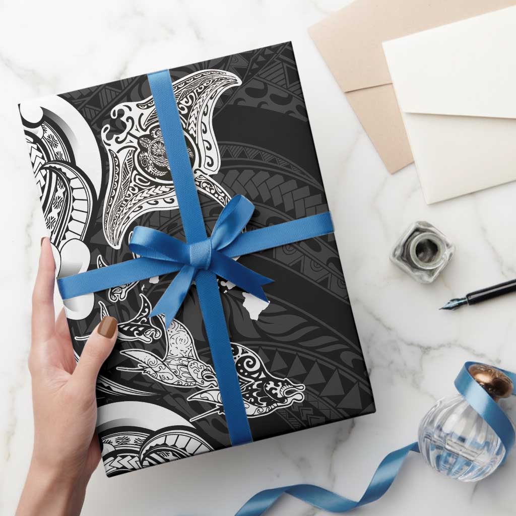 Hawaiian Manta Rays Wrapping Paper Tribal Hibiscus Polynesian Tattoos Black Color - Polynesian Pride