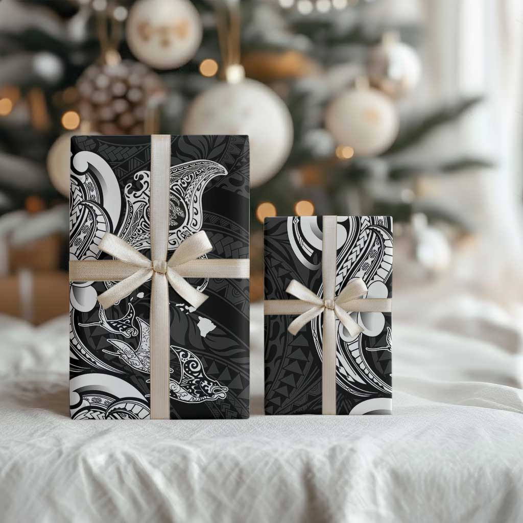 Hawaiian Manta Rays Wrapping Paper Tribal Hibiscus Polynesian Tattoos Black Color - Polynesian Pride