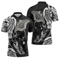 Hawaiian Manta Rays Zipper Polo Shirt Tribal Hibiscus Polynesian Tattoos Black Color - Polynesian Pride