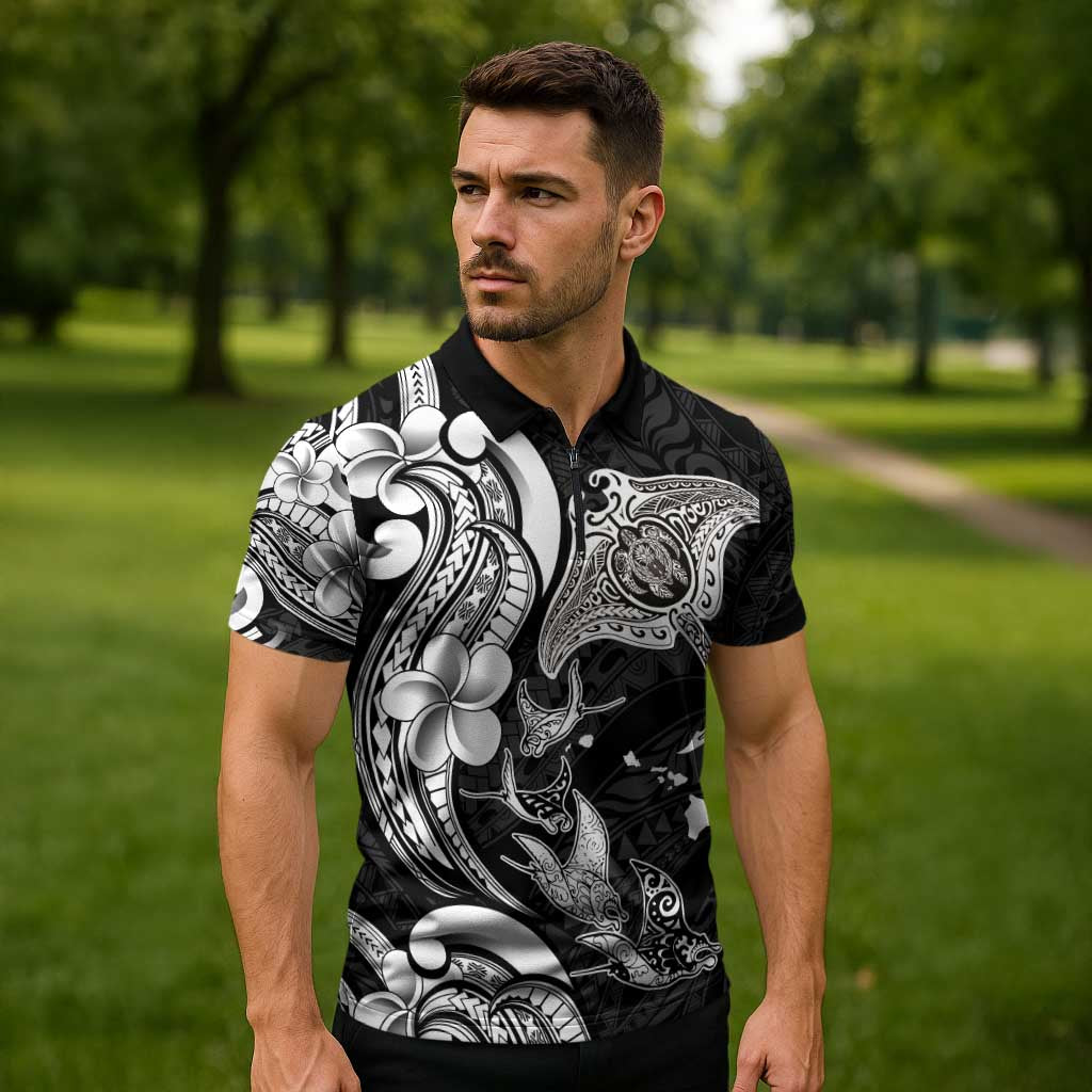 Hawaiian Manta Rays Zipper Polo Shirt Tribal Hibiscus Polynesian Tattoos Black Color - Polynesian Pride