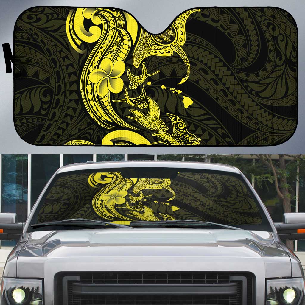 Hawaiian Manta Rays Auto Sun Shade Tribal Hibiscus Polynesian Tattoos Yellow Color - Polynesian Pride