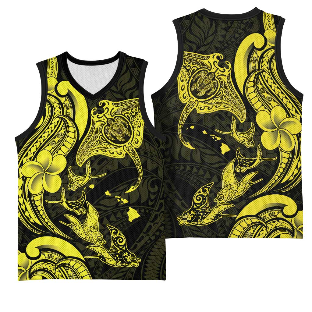 Hawaiian Manta Rays Basketball Jersey Tribal Hibiscus Polynesian Tattoos Yellow Color - Polynesian Pride