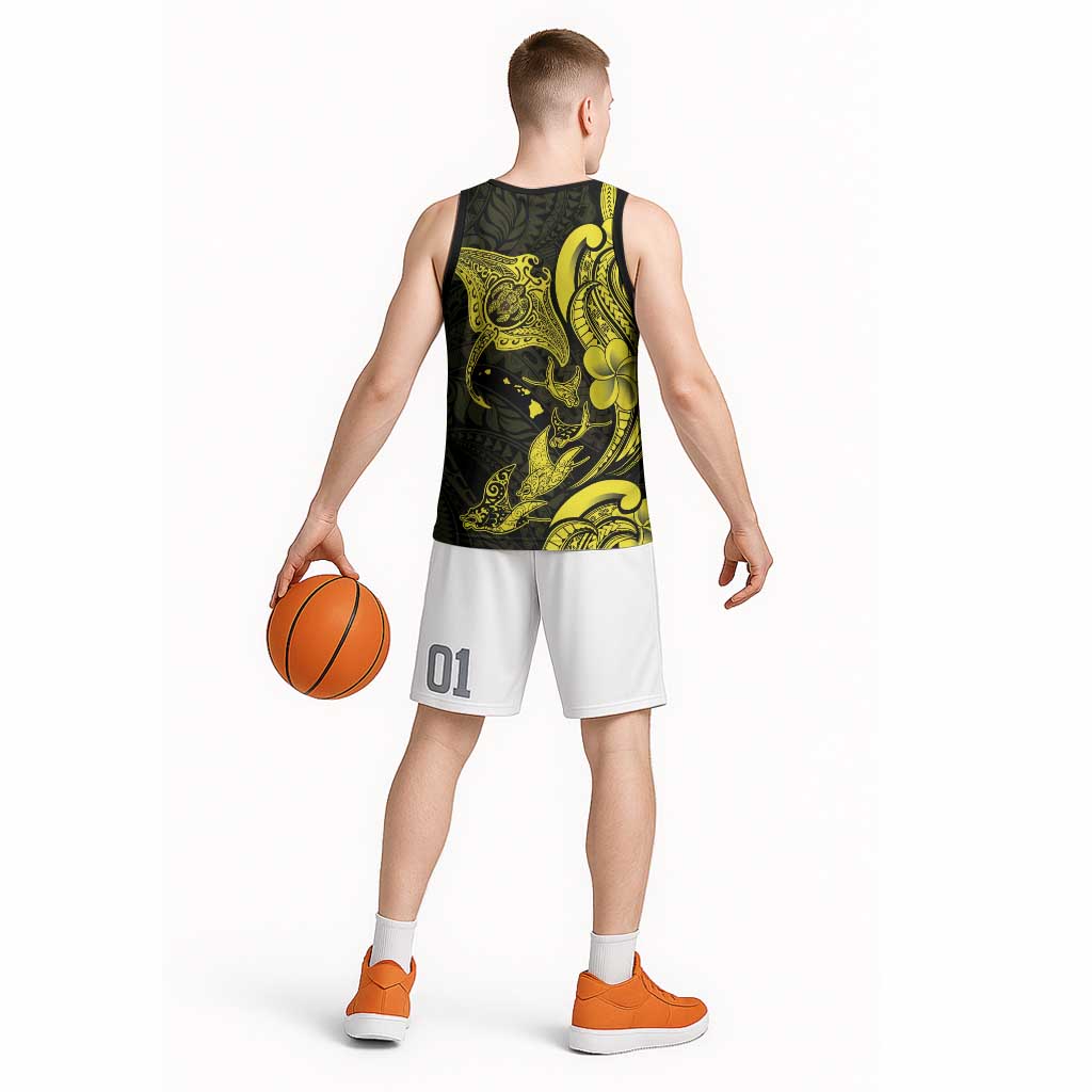 Hawaiian Manta Rays Basketball Jersey Tribal Hibiscus Polynesian Tattoos Yellow Color - Polynesian Pride