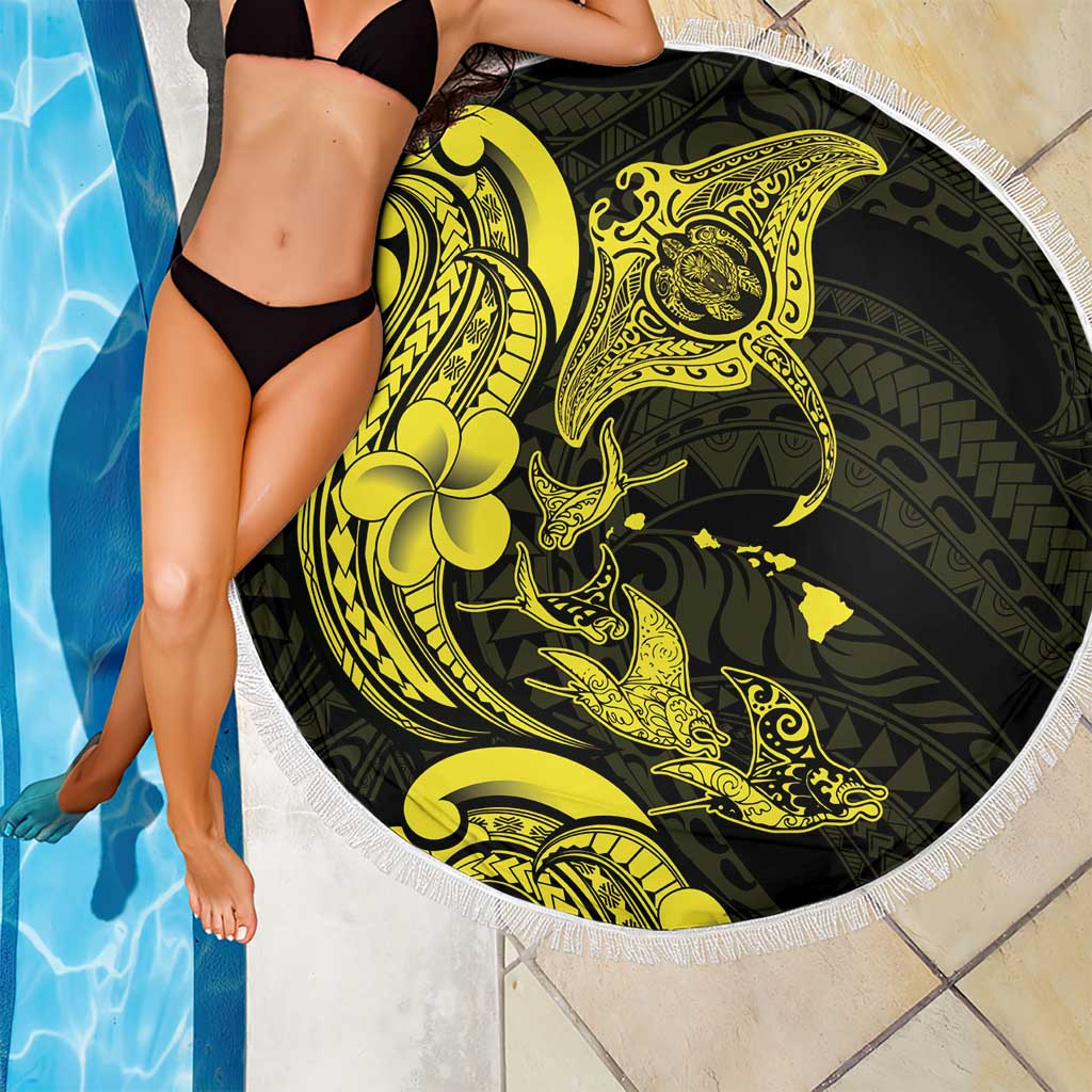 Hawaiian Manta Rays Beach Blanket Tribal Hibiscus Polynesian Tattoos Yellow Color - Polynesian Pride