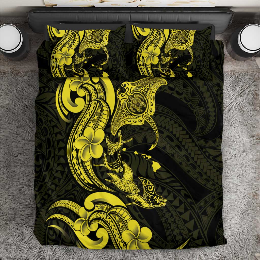 Hawaiian Manta Rays Bedding Set Tribal Hibiscus Polynesian Tattoos Yellow Color - Polynesian Pride