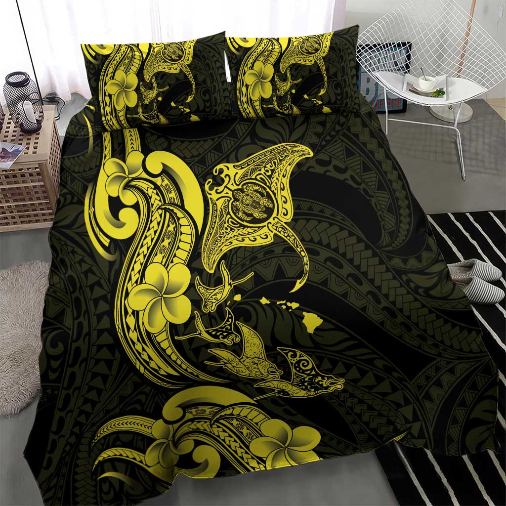 Hawaiian Manta Rays Bedding Set Tribal Hibiscus Polynesian Tattoos Yellow Color - Polynesian Pride