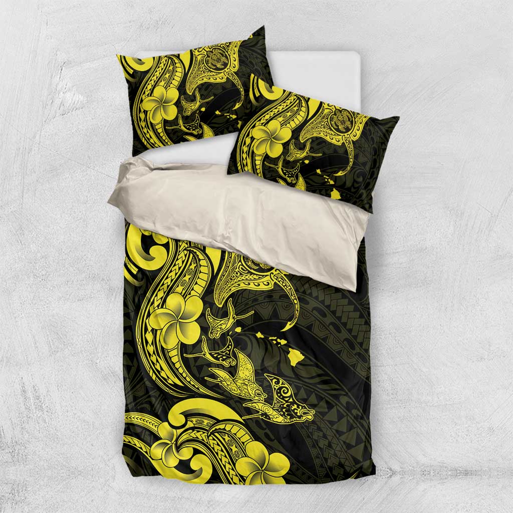Hawaiian Manta Rays Bedding Set Tribal Hibiscus Polynesian Tattoos Yellow Color - Polynesian Pride