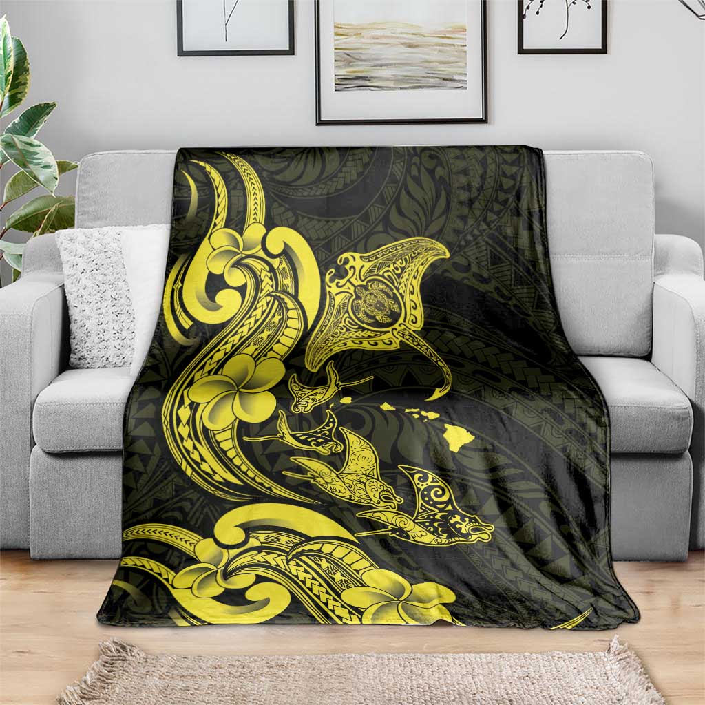 Hawaiian Manta Rays Blanket Tribal Hibiscus Polynesian Tattoos Yellow Color - Polynesian Pride